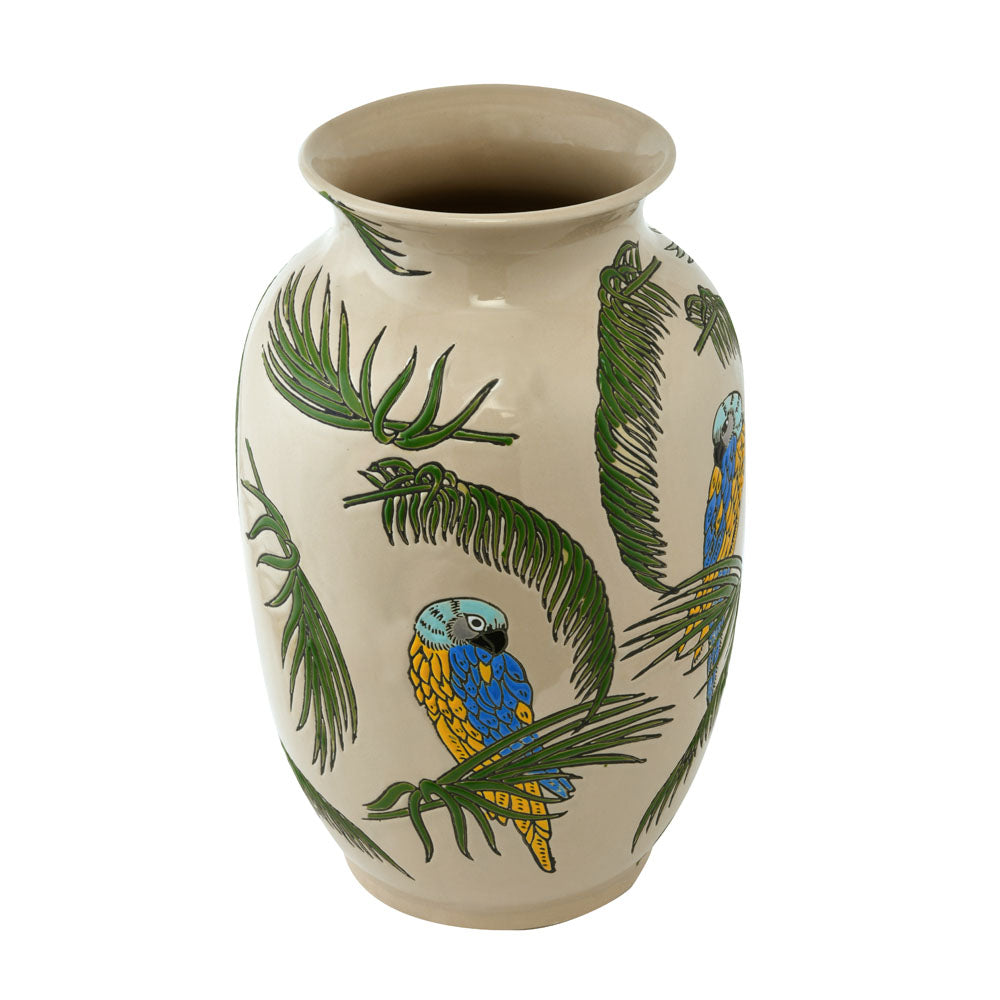 Bird and Leaf Oval Ceramic Vase (Large, Green & White)