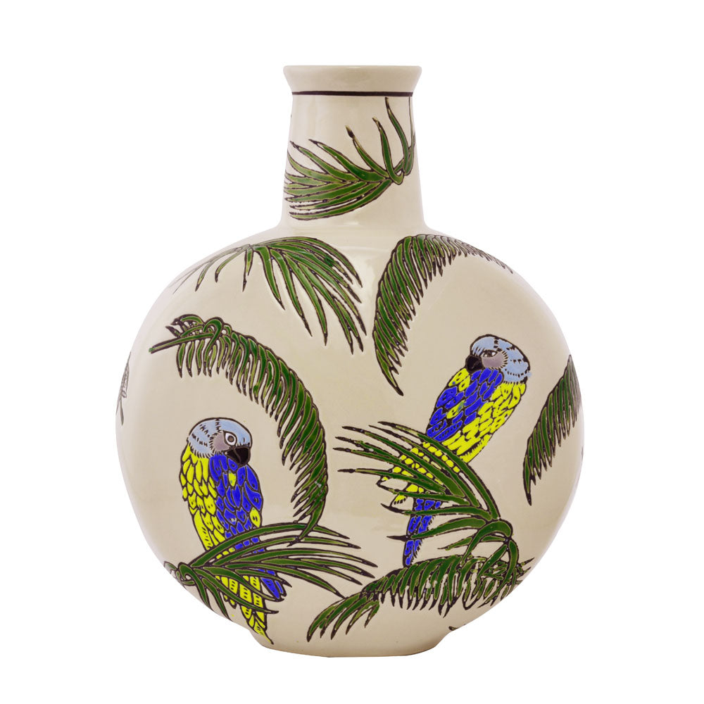 Bird and Leaf Circular Ceramic Vase (Large, Green & White)