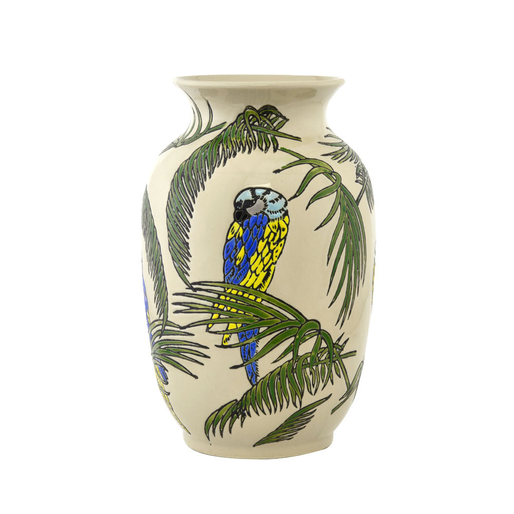 Bird and Leaf Oval Ceramic Vase (Small, Green & White)