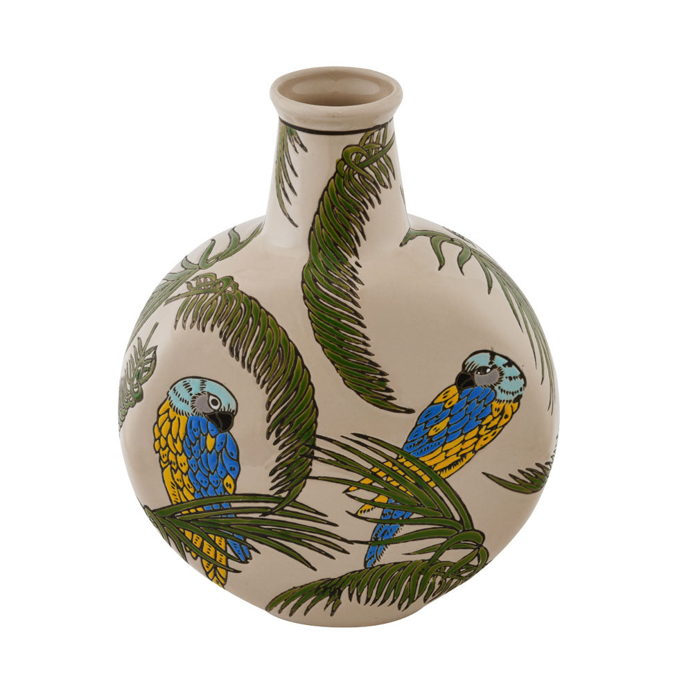 Bird and Leaf Circular Ceramic Vase (Small, Green & White)