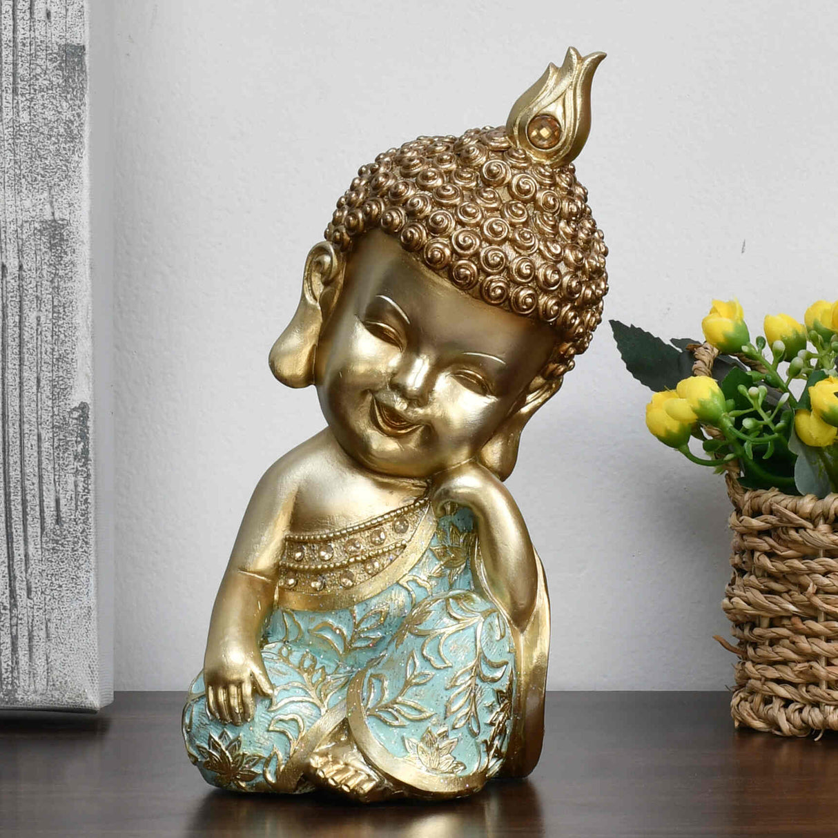 Baby Monk Resting Decorative Polyresin Showpiece (Mint & Gold)