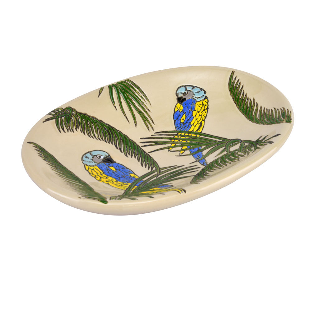 Bird & Leaf Design Ceramic Decorative Platter (Green & White)