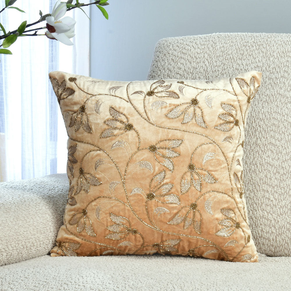 Nilkamal Floral Embroidered 16" x 16" Cushion Cover (Gold)