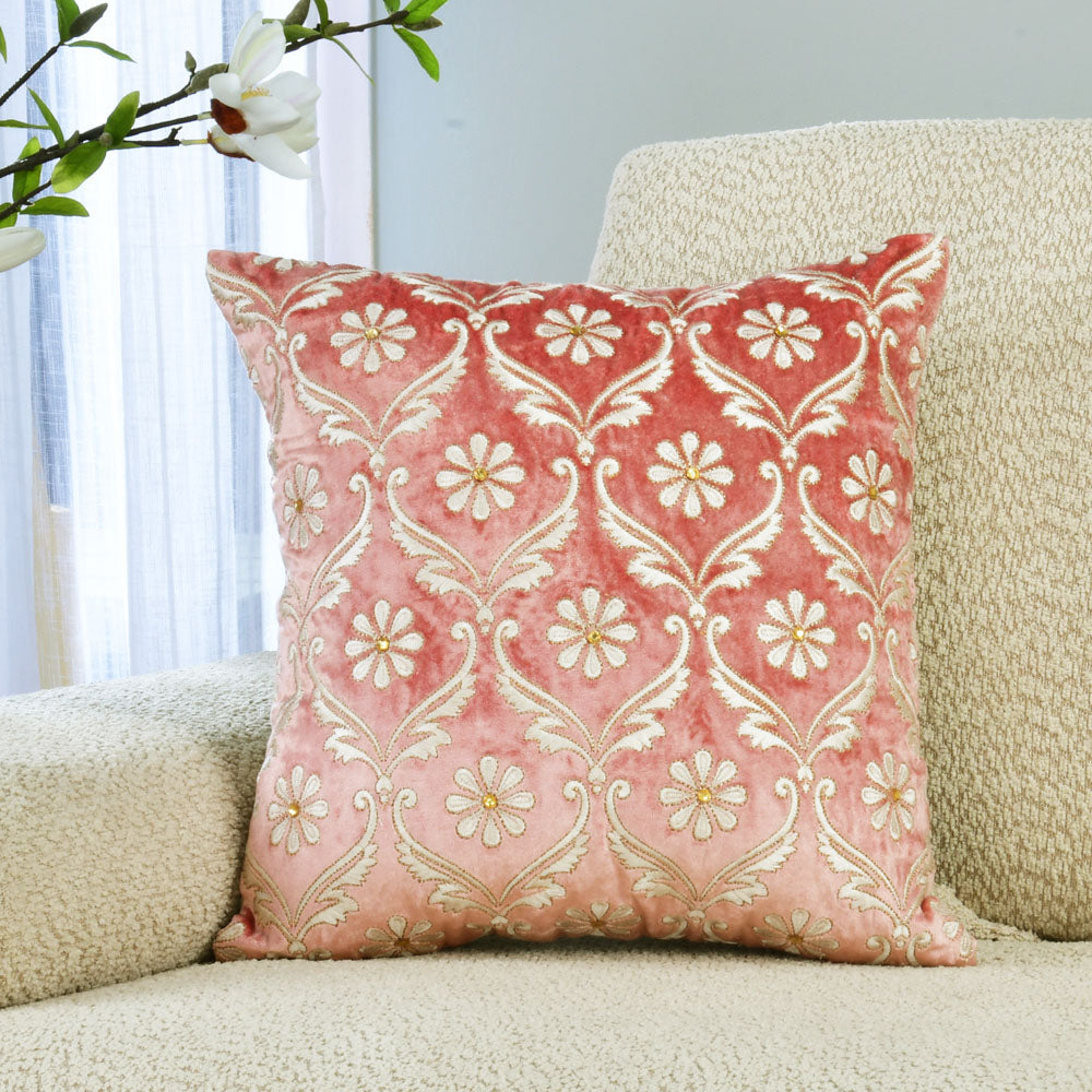 Nilkamal Floral Embroidered 16" x 16" Cushion Cover (Pink & White)