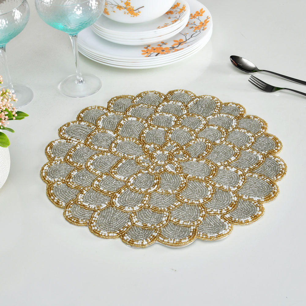 Nilkamal Floral Beaded Round Table Placemat (Grey & Gold)