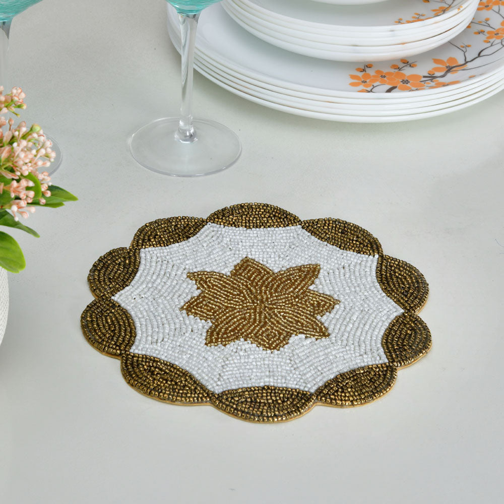 Nilkamal Decorative Floral Beaded Trivet (Gold & Off White)