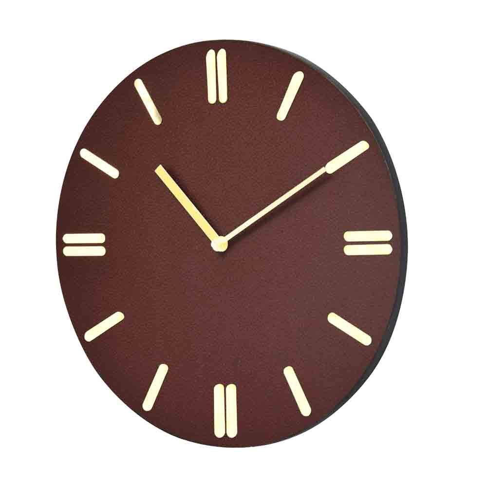 Round Wooden and Leatherette Analog Wall Clock (Brown)