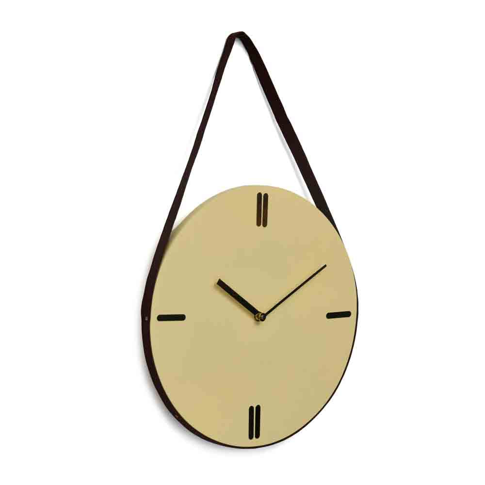 Round Wooden and Leatherette Hanging Analog Wall Clock (Beige)