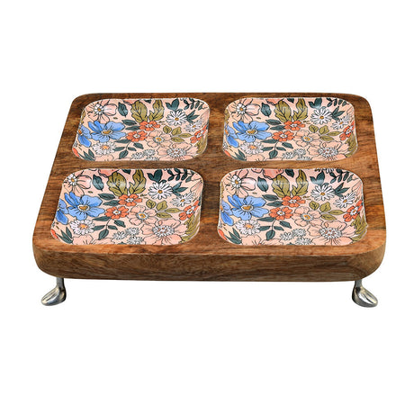 Four Partition Wooden Square Shape Serving Platter (Multicolor)