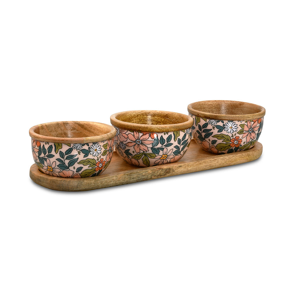 Wooden Serving Platter with 3 Bowls (Multicolor)