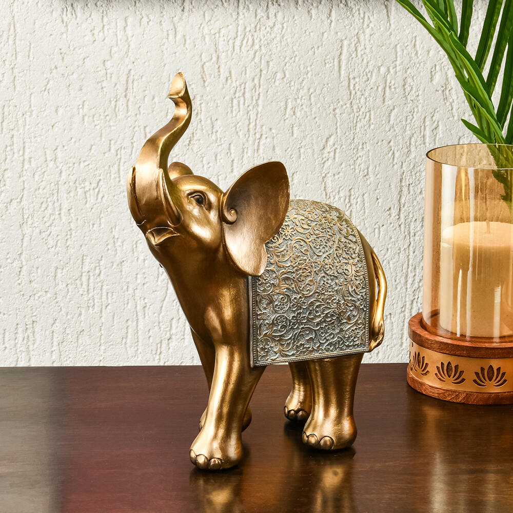 Trunk Up Elephant Decorative Polyresin Showpiece (Grey & Gold)