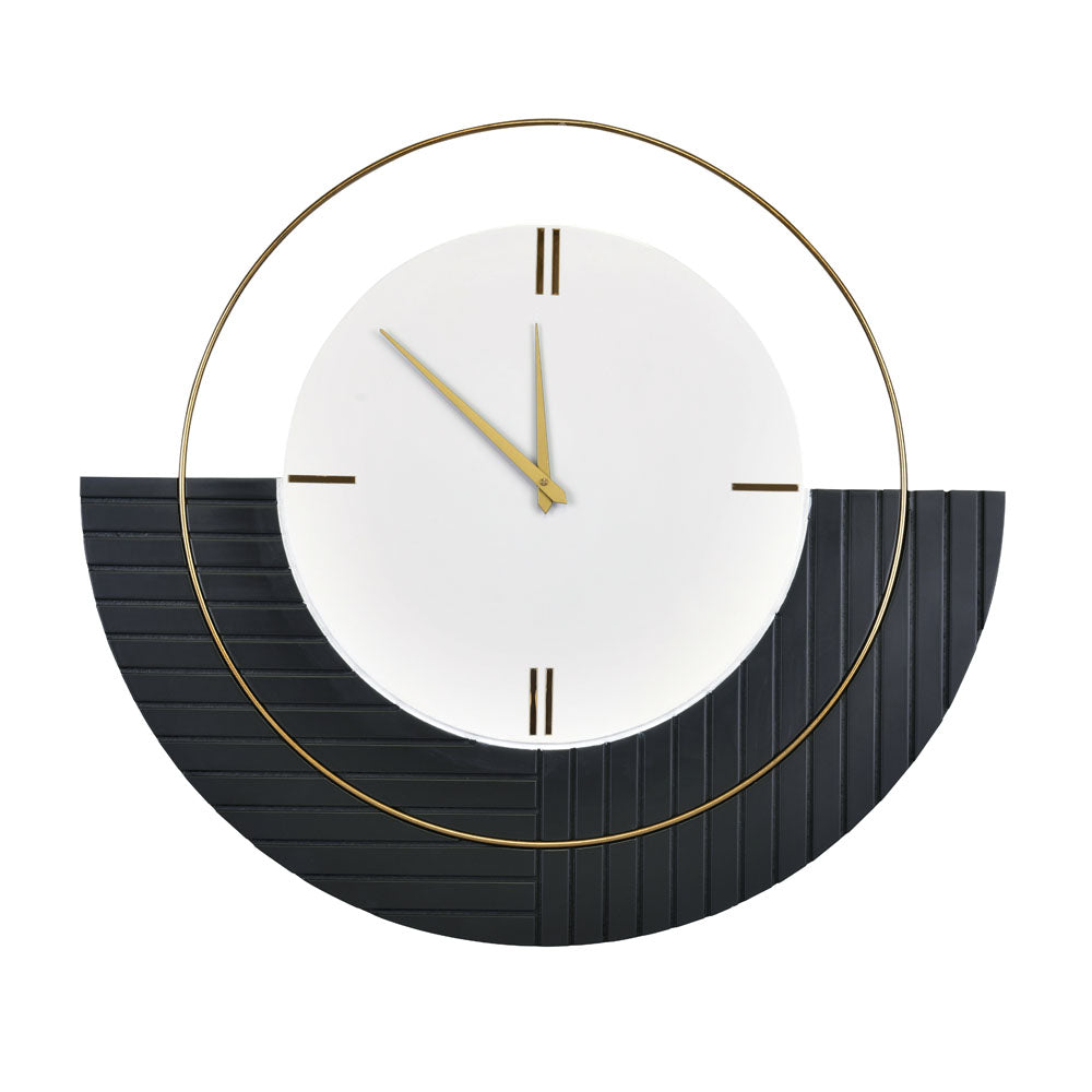 Semi Circular Wooden and Metal Wall Clock (Black & White)