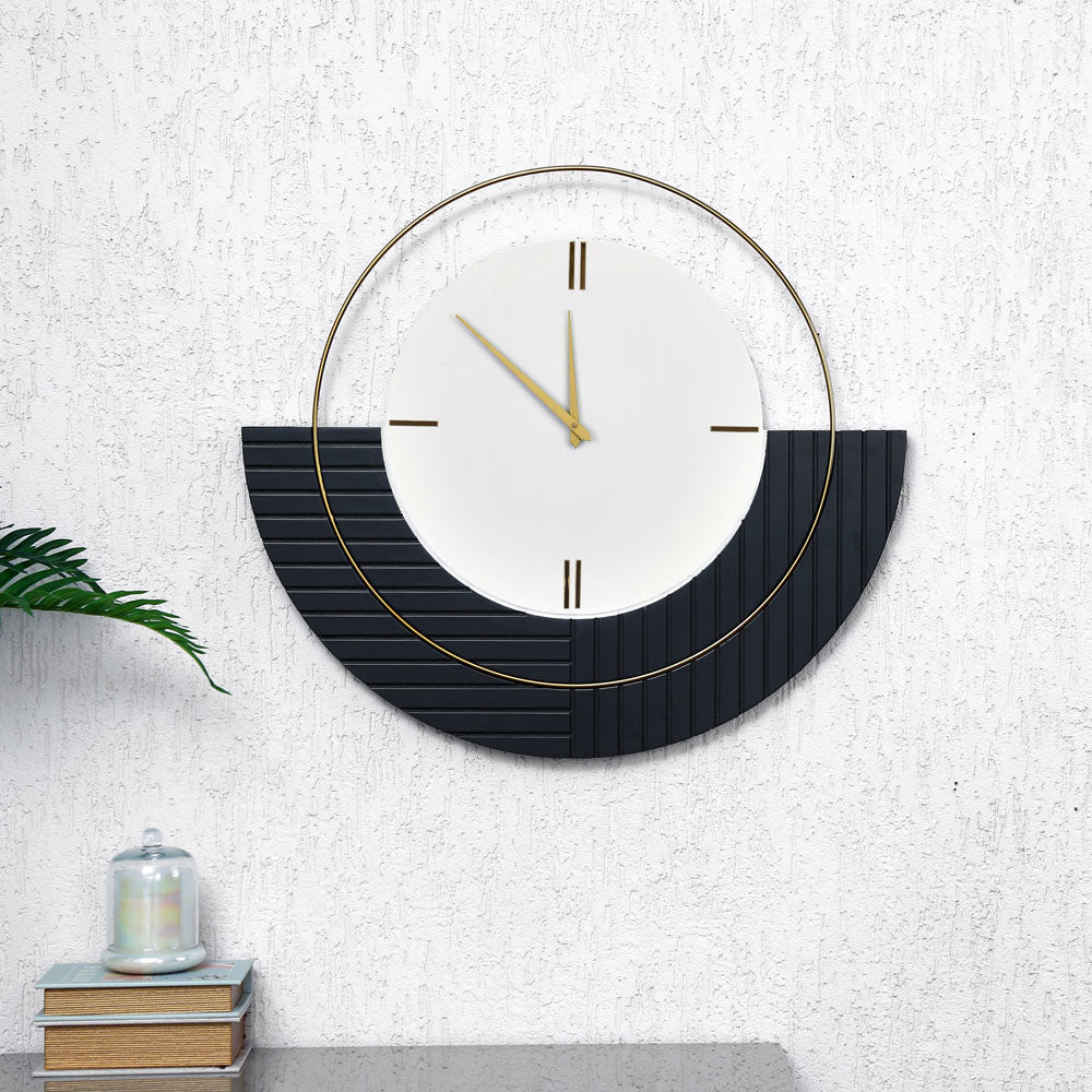 Semi Circular Wooden and Metal Wall Clock (Black & White)