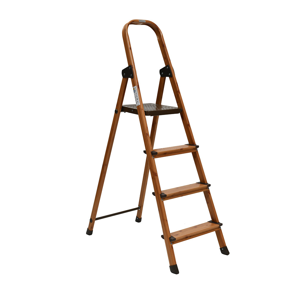 4 Steps Wooden Finished Foldable Aluminium Ladder (Brown)