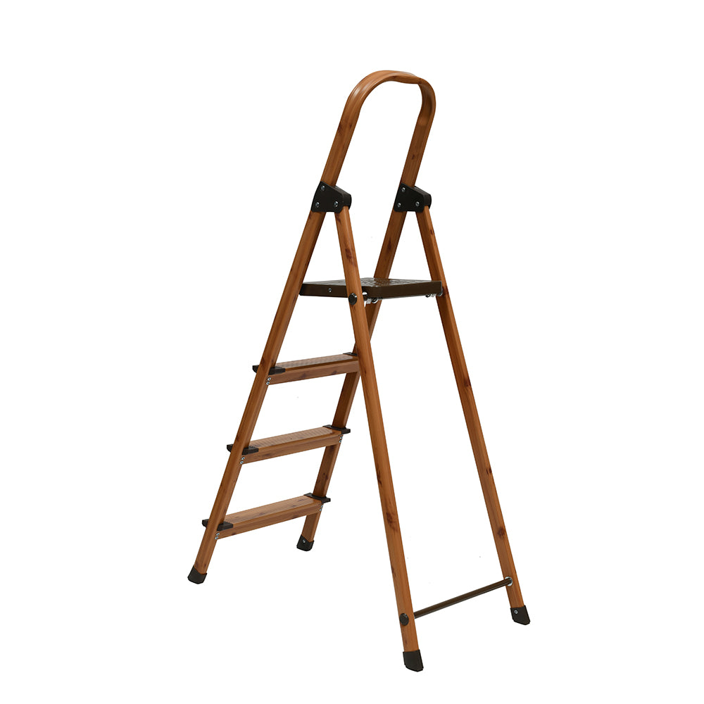 4 Steps Wooden Finished Foldable Aluminium Ladder (Brown)