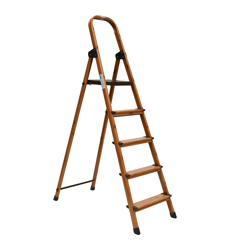 5 Steps Wooden Finished Foldable Aluminium Ladder (Brown)