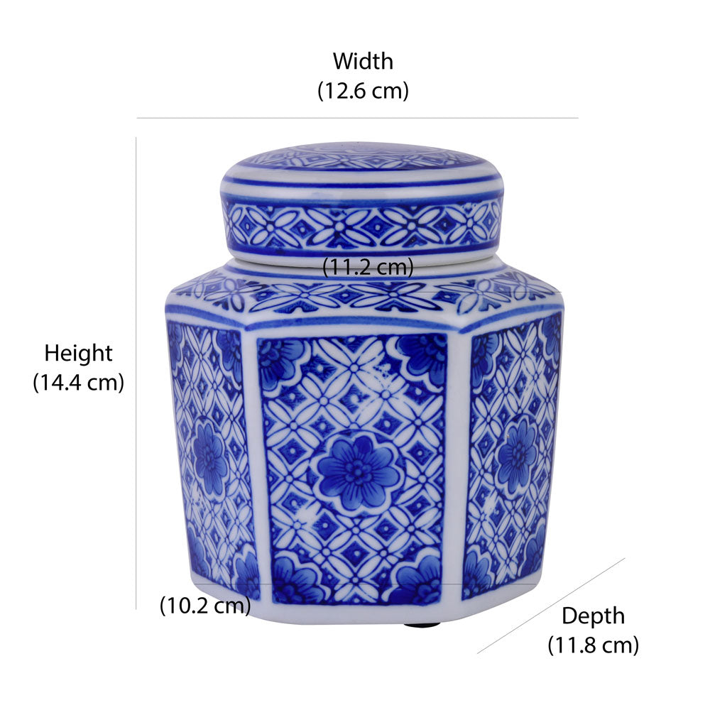 Decorative Geometric Porcelain Jar Vase with Lid (Blue & White)