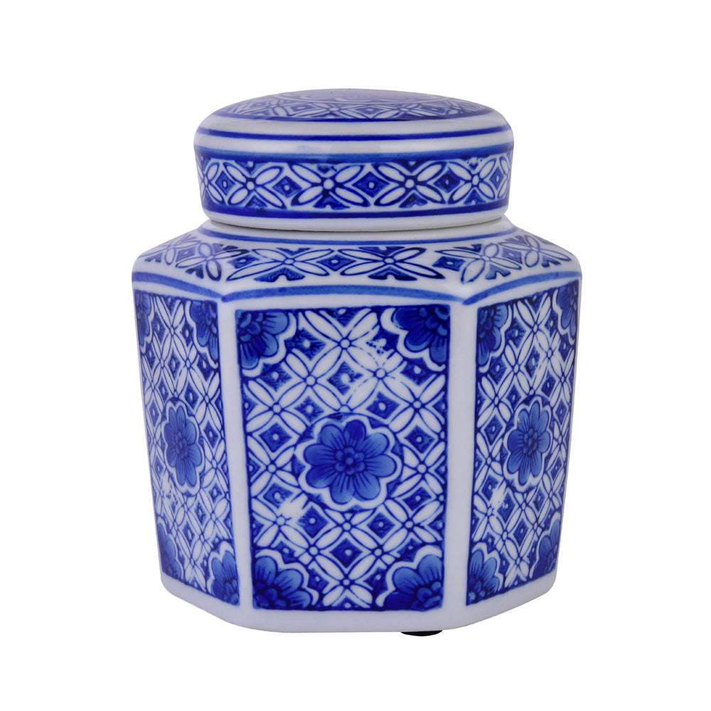 Decorative Geometric Porcelain Jar Vase with Lid (Blue & White)