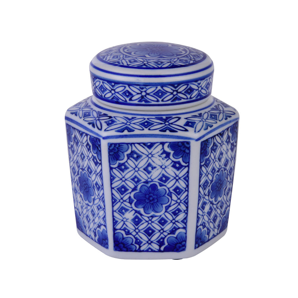 Decorative Geometric Porcelain Jar Vase with Lid (Blue & White)