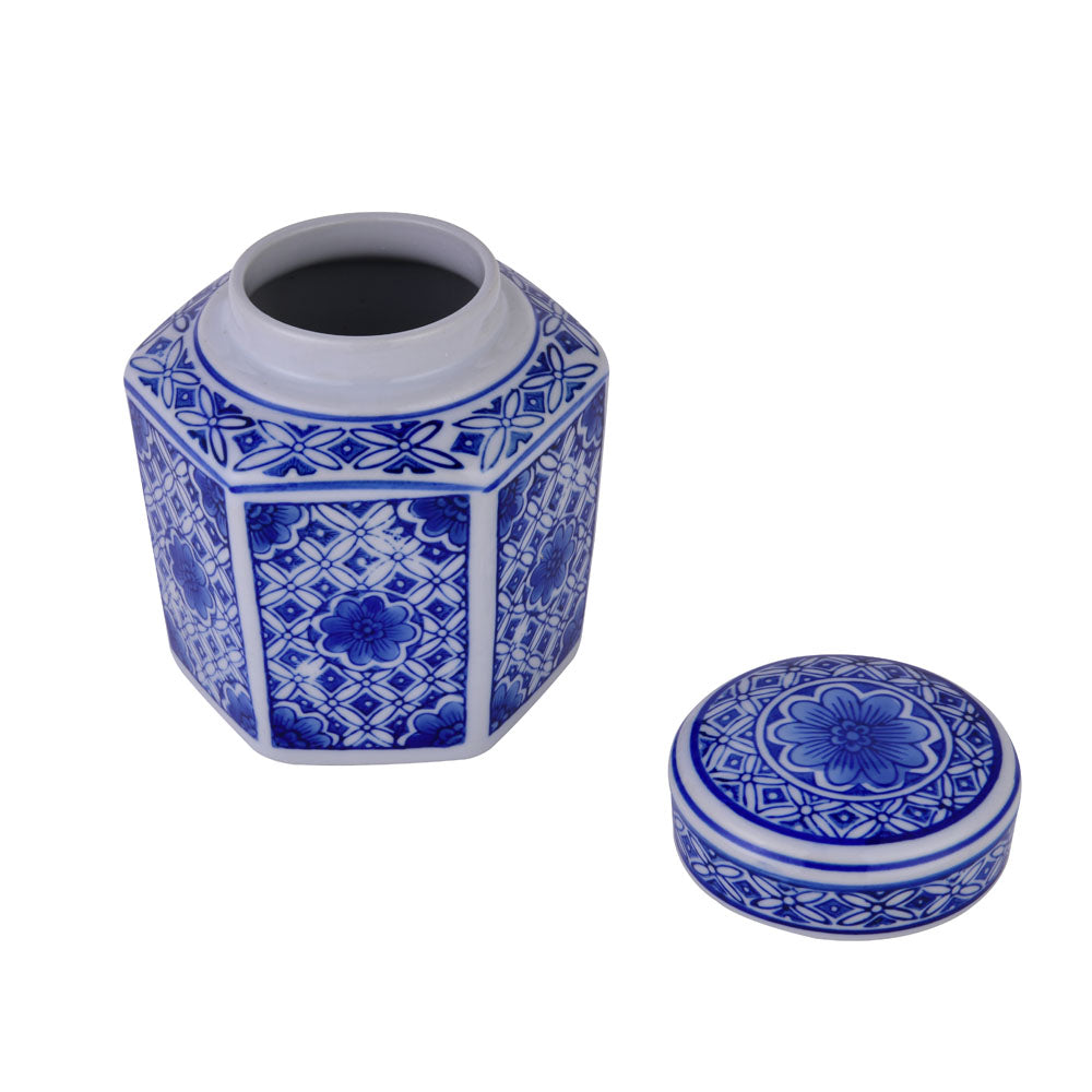 Decorative Geometric Porcelain Jar Vase with Lid (Blue & White)