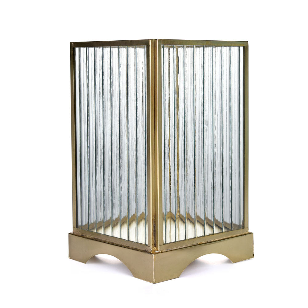 Square Shape Fluted Design Metal & Glass Candle Holder (Large, Gold)