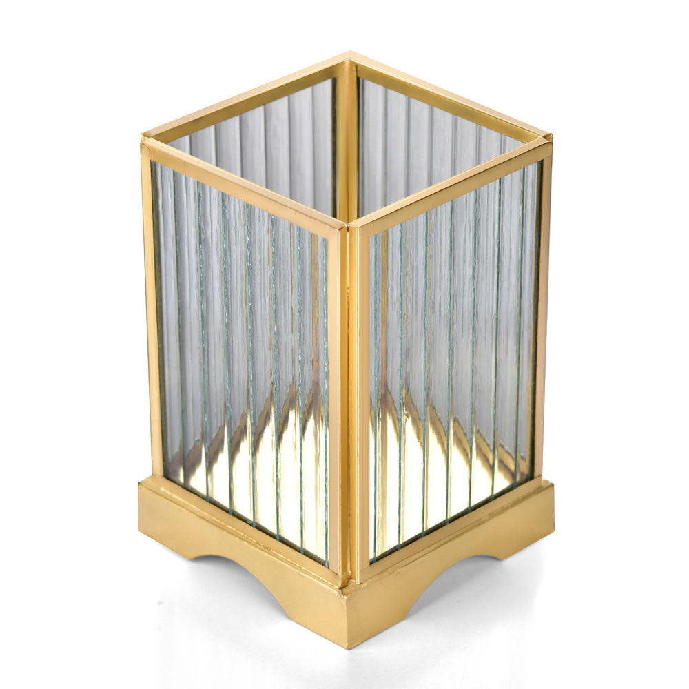 Square Shape Fluted Design Metal & Glass Candle Holder (Small, Gold)