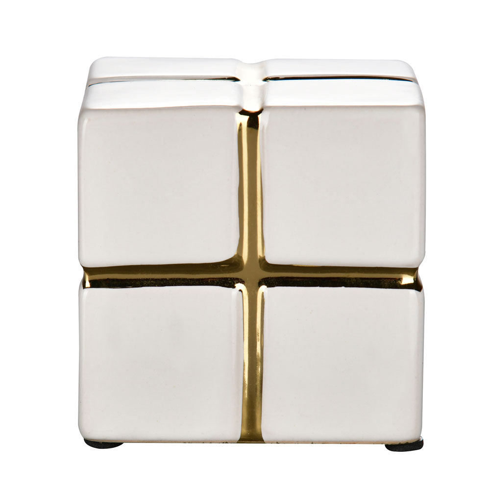 Decorative Ceramic Cube Showpiece (Small, White & Gold)