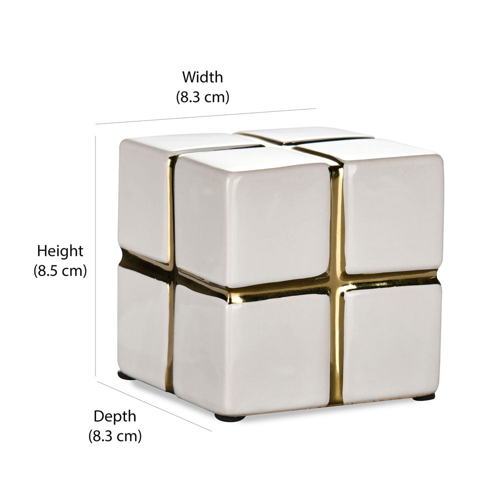 Decorative Ceramic Cube Showpiece (Small, White & Gold)