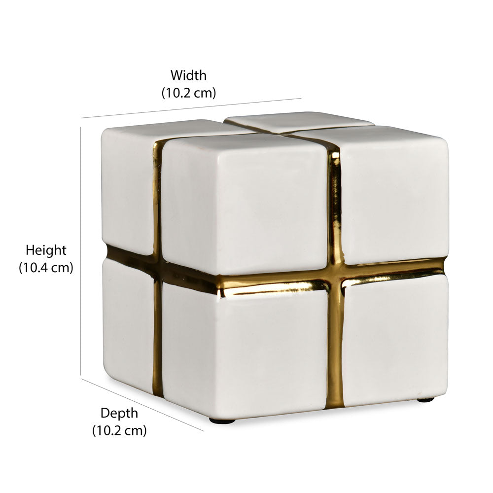 Decorative Ceramic Cube Showpiece (Large, White & Gold)