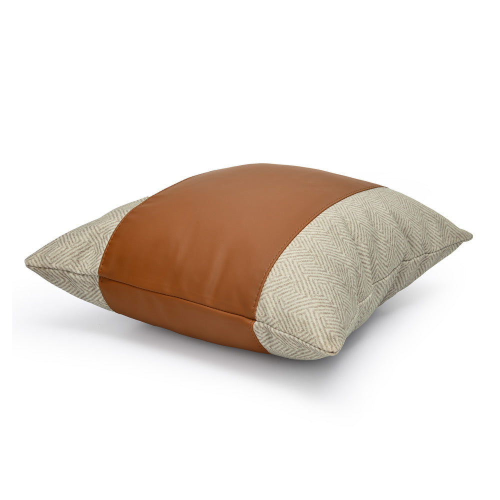 Abstract with Plain Strap Fabric & Leatherette 16' x 16' Cushion Cover (Beige & Brown)