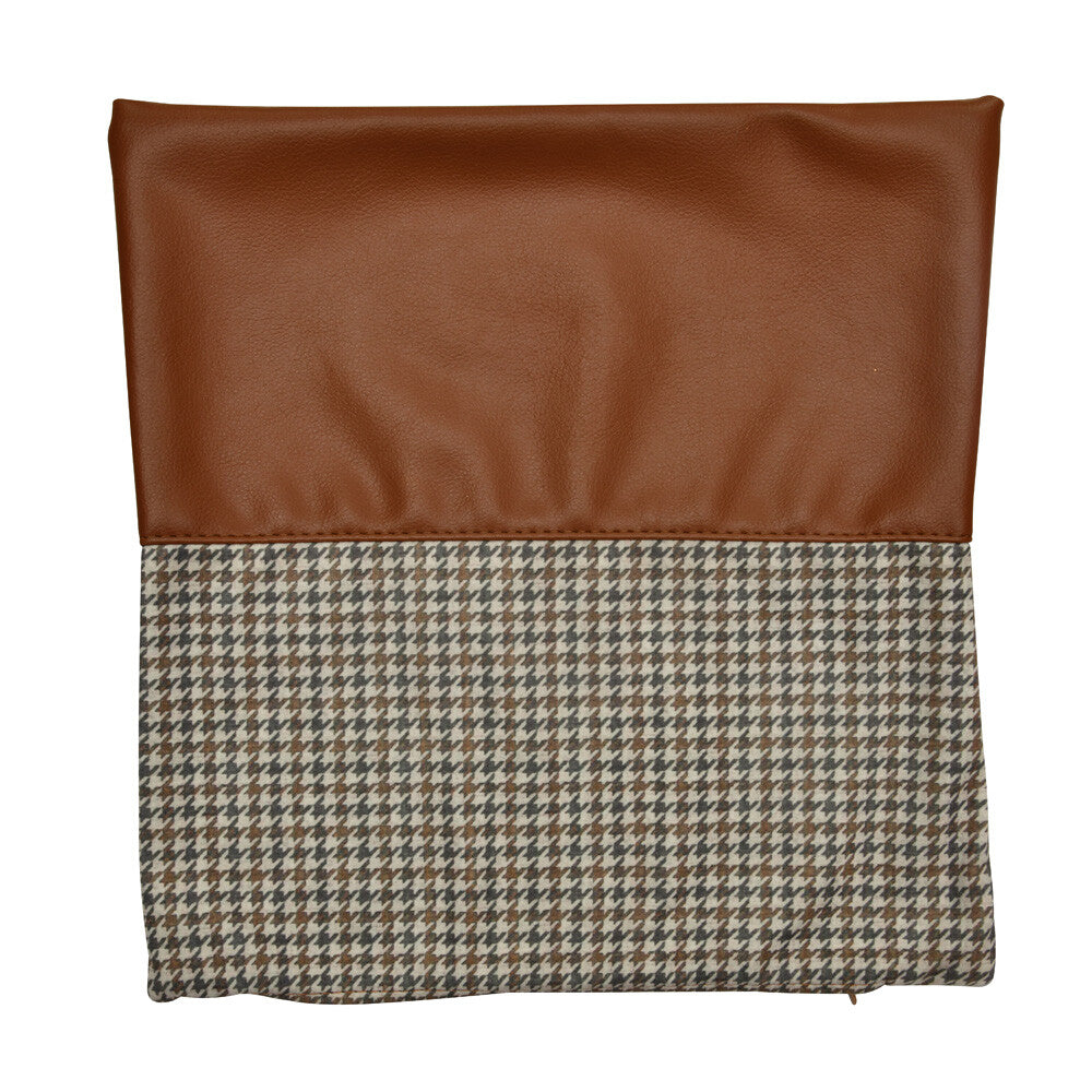 Houndstooth with Solid Pattern Fabric & Leatherette 16' x 16' Cushion Cover (Beige & Tan)