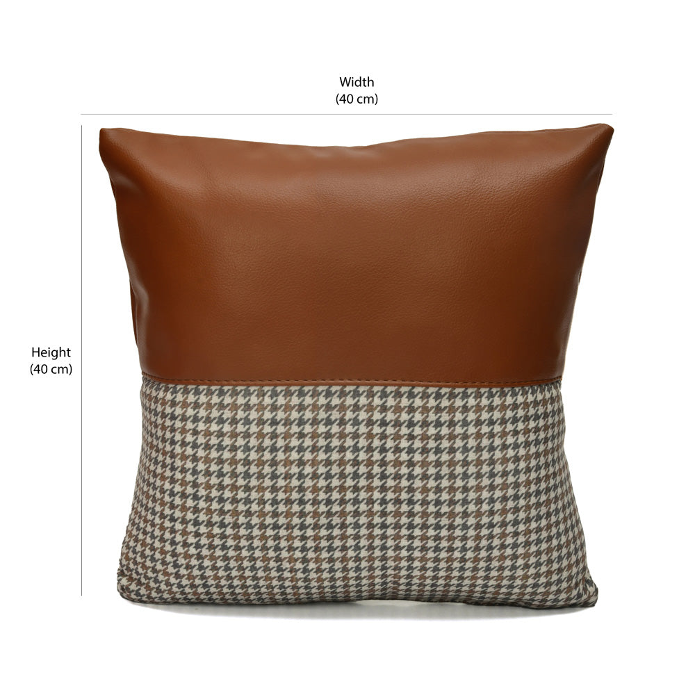 Houndstooth with Solid Pattern Fabric & Leatherette 16' x 16' Cushion Cover (Beige & Tan)