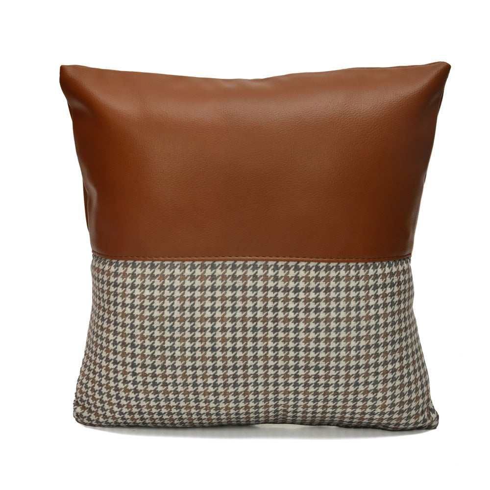 Houndstooth with Solid Pattern Fabric & Leatherette 16' x 16' Cushion Cover (Beige & Tan)