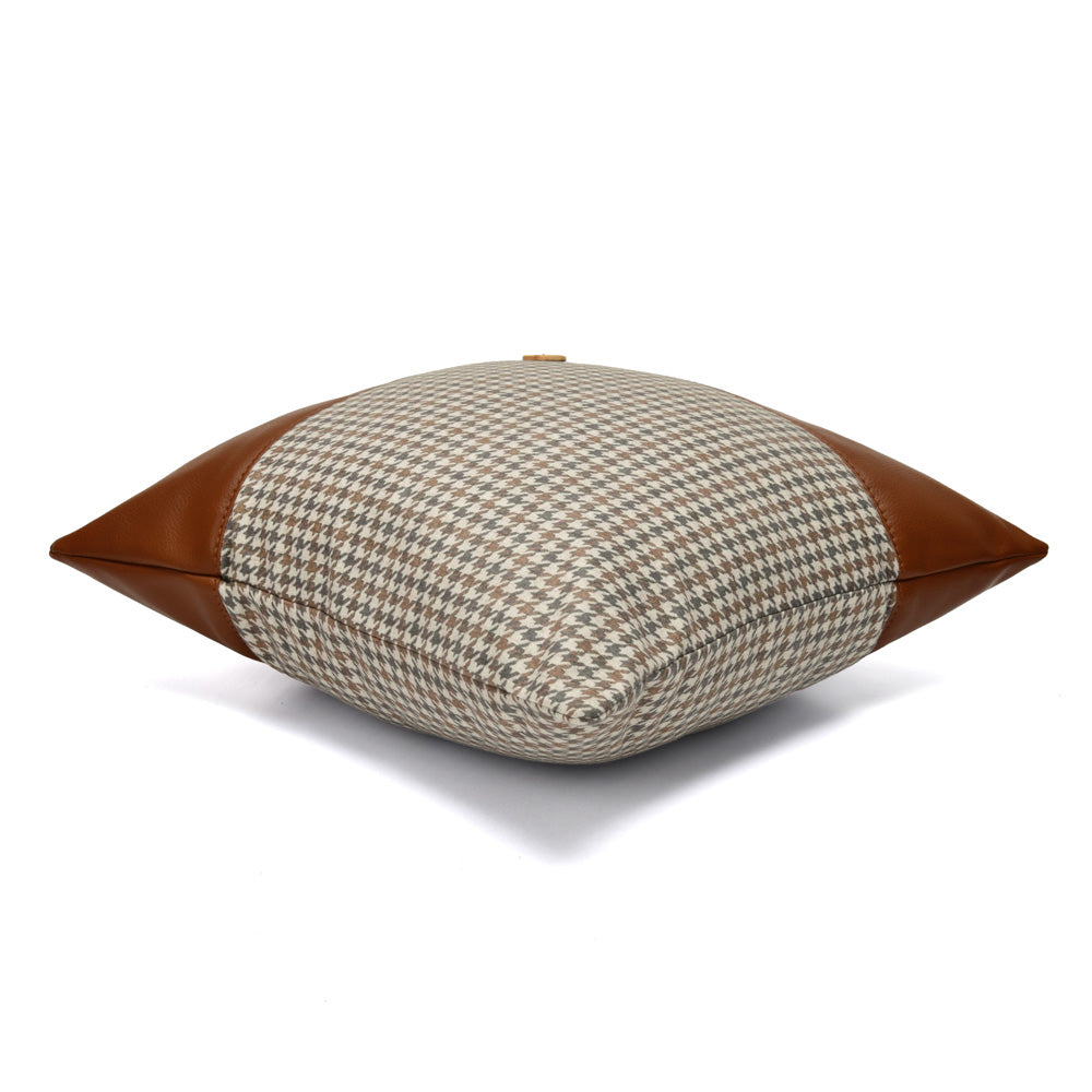 Houndstooth Patch Fabric & Leatherette 16' x 16' Cushion Cover (Beige & Tan)