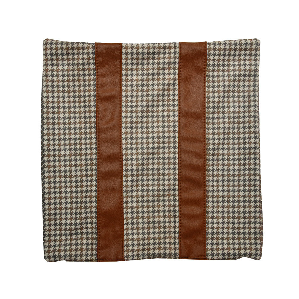 Houndstooth with Straps Fabric & Leatherette 16" x 16" Cushion Cover (Beige & Tan)