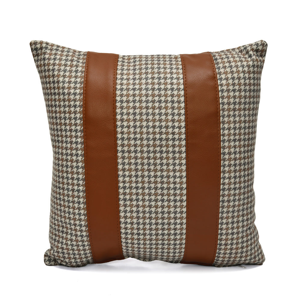 Houndstooth with Straps Fabric & Leatherette 16" x 16" Cushion Cover (Beige & Tan)