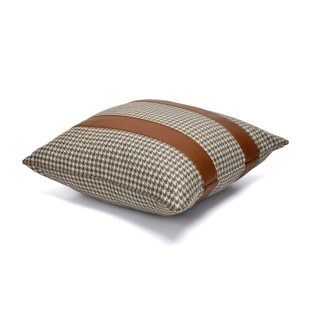 Houndstooth with Straps Fabric & Leatherette 16" x 16" Cushion Cover (Beige & Tan)