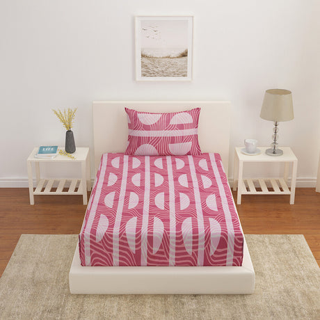 Ammara Abstract Polyester Single Bedsheet With 1 Pillow Cover (Pink)