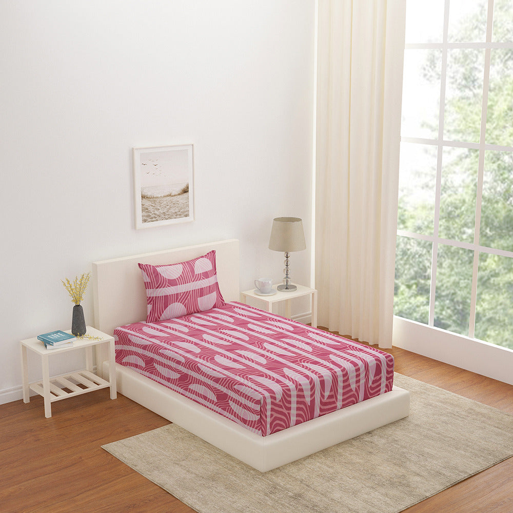 Ammara Abstract Polyester Single Bedsheet With 1 Pillow Cover (Pink)