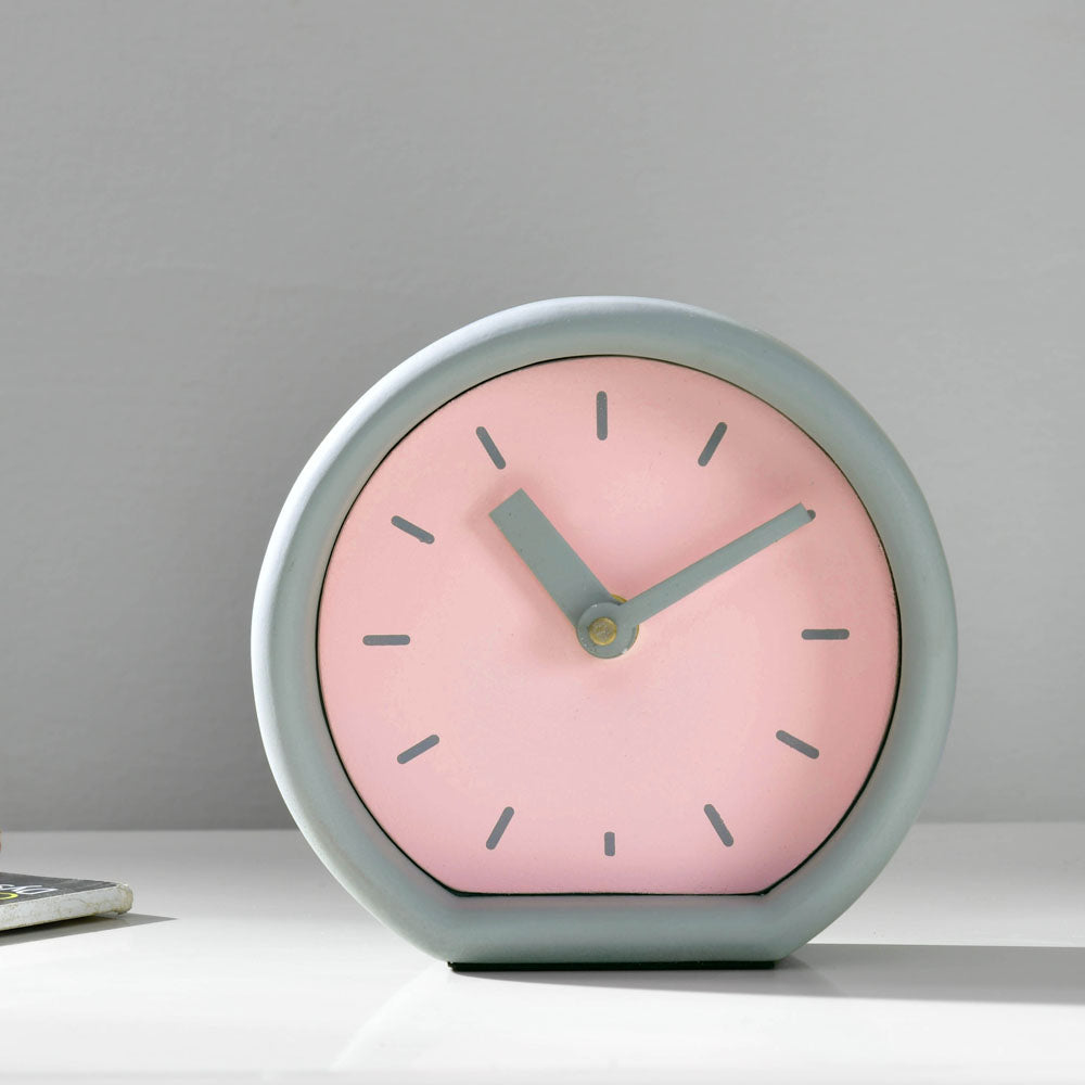 Round With Flat Base Wooden MDF Table Clock (Pink & Grey)