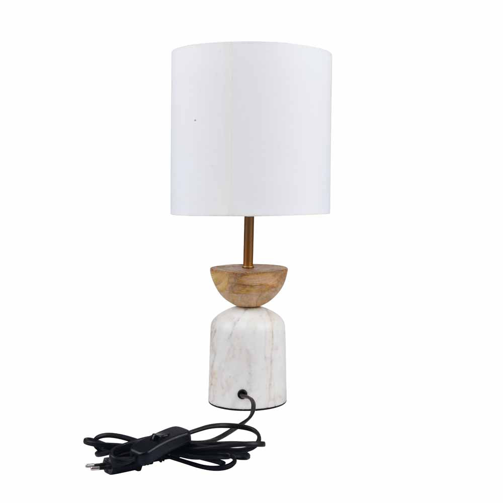 Hourglass Fabric Shade Marble & Wooden Base Table Lamp 44 cm (Brown & White)