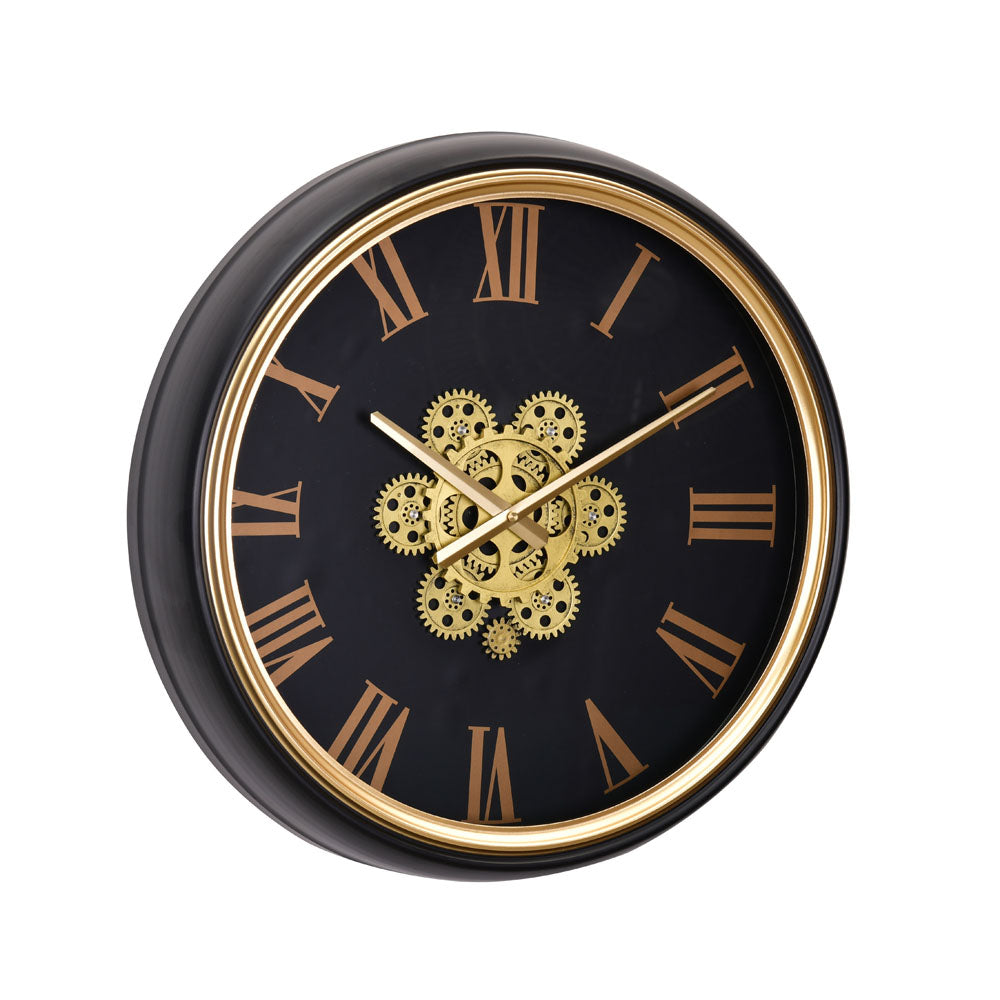 Roman Numerals and Gear Design Analog Wall Clock (Black & Gold)