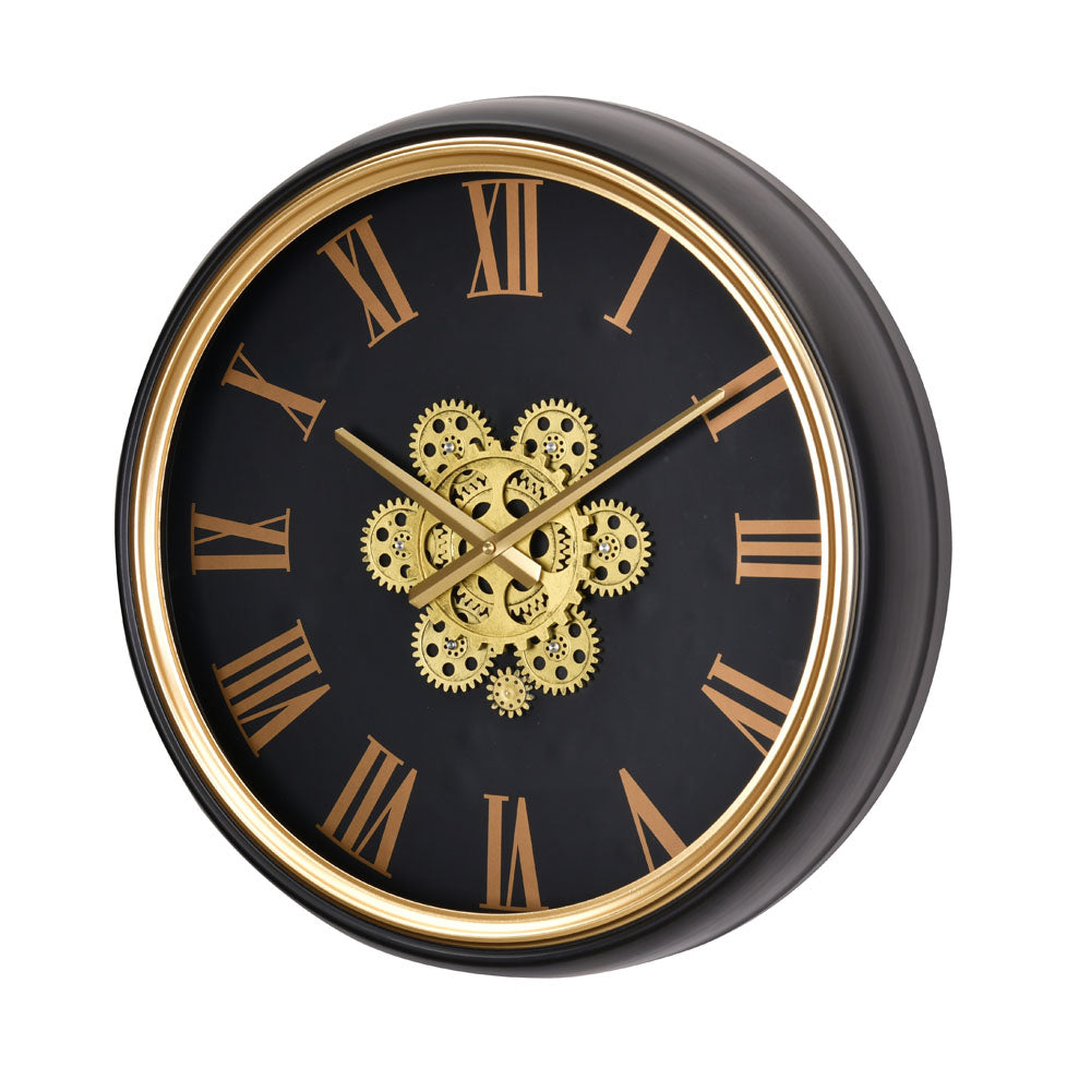 Roman Numerals and Gear Design Analog Wall Clock (Black & Gold)