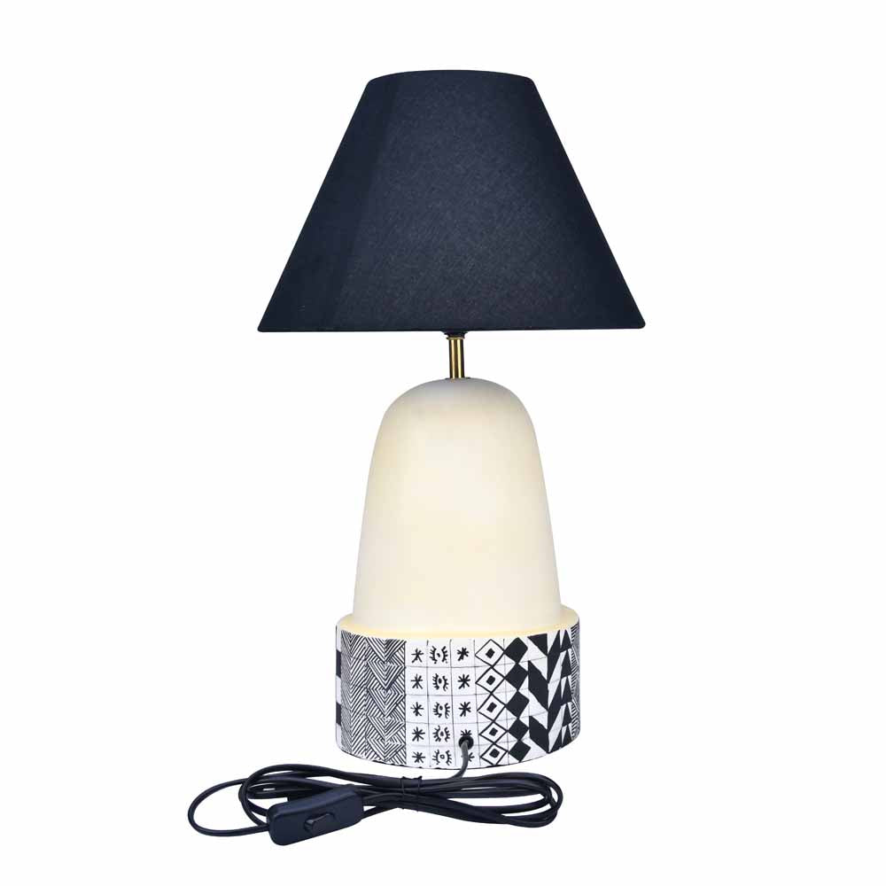 Tribal Fabric Shade Paper Mache & Metal Base Table Lamp (Light Yellow & Black)