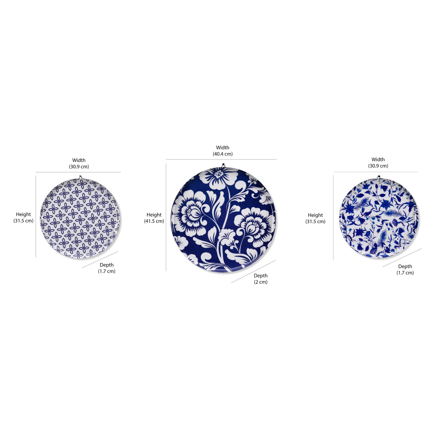 Floral Metal Wall Decor Plates Set of 3 (Blue)