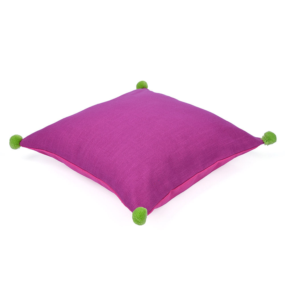 Solid Cotton 16' x 16' Two Sided Pom Pom Cushion Cover (Purple & Pink)