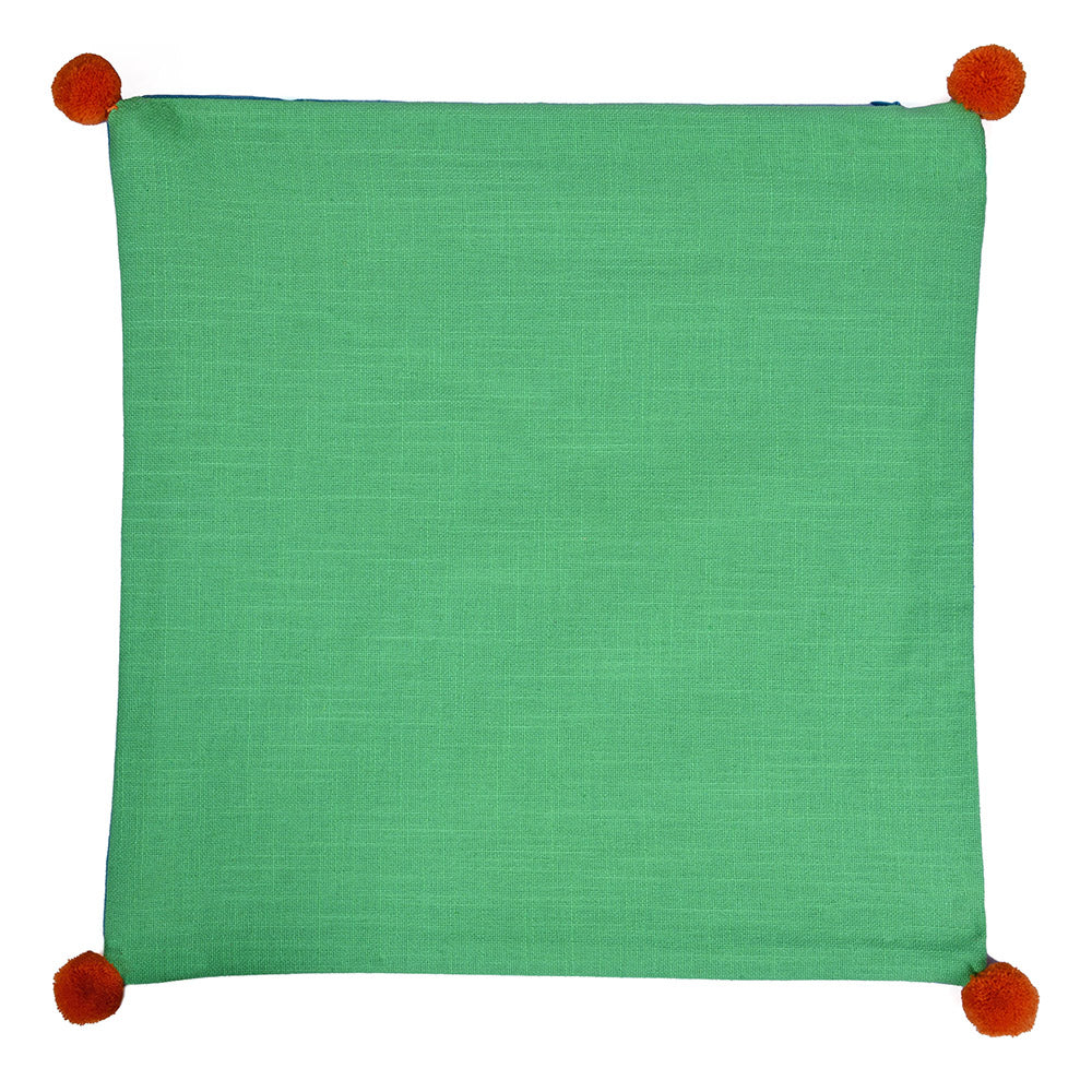 Solid Cotton 16' x 16' Two Sided Pom Pom Cushion Cover (Blue & Green)