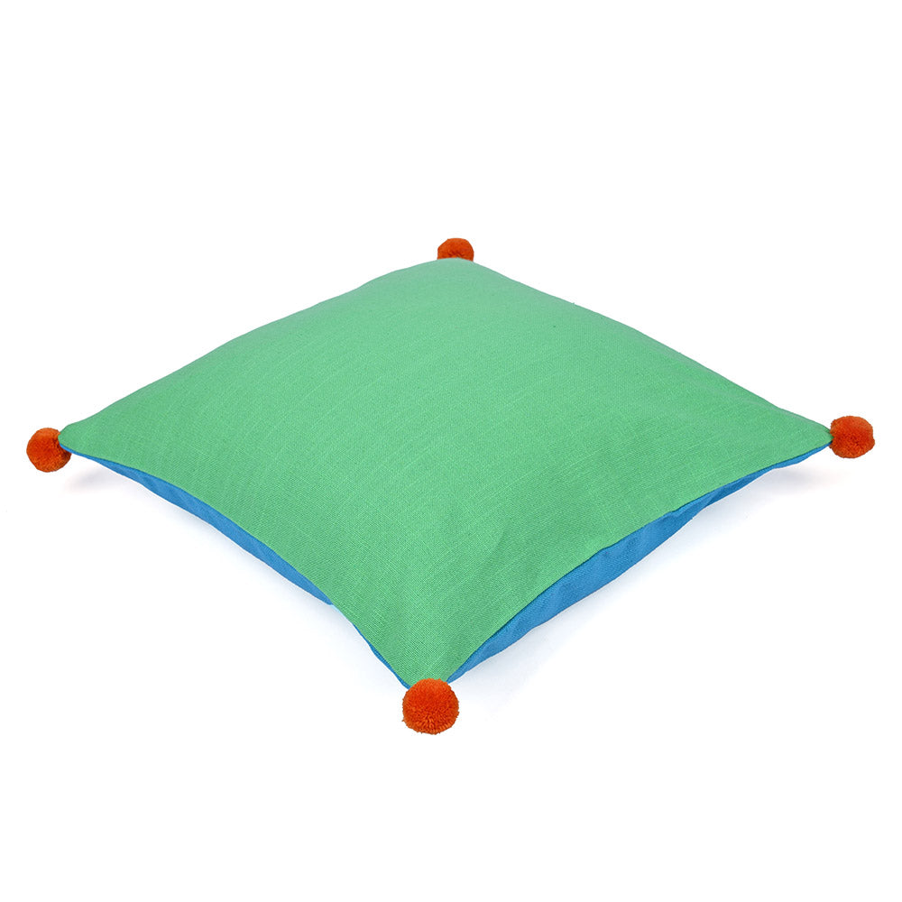 Solid Cotton 16' x 16' Two Sided Pom Pom Cushion Cover (Blue & Green)