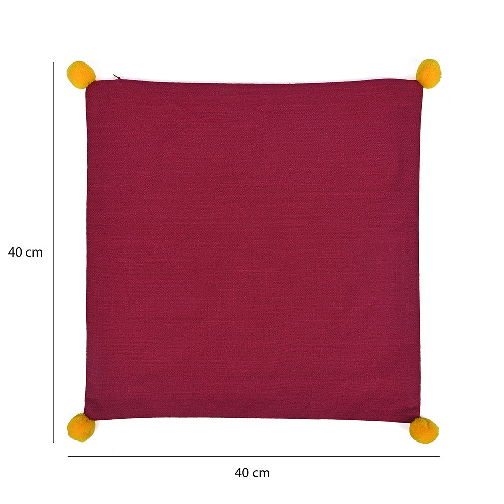 Solid Cotton 16" x 16" Two Sided Pom Pom Cushion Cover (Maroon & Red)