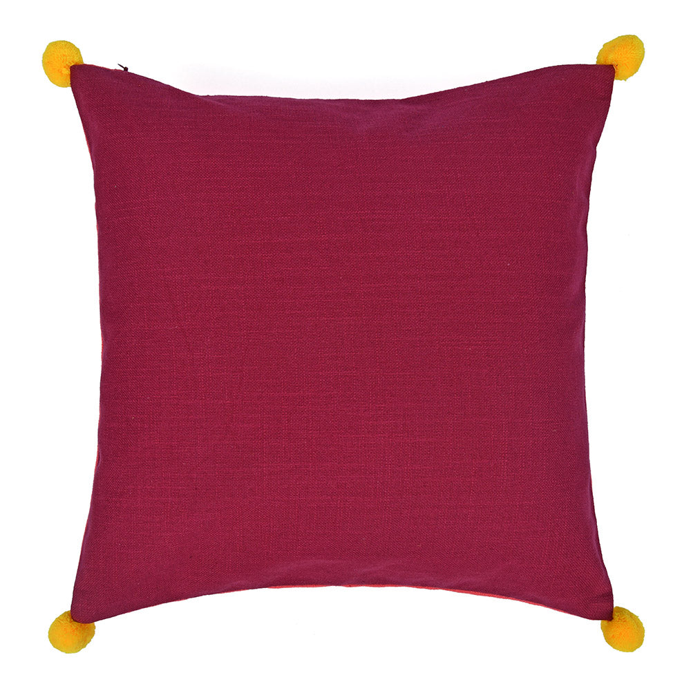 Solid Cotton 16" x 16" Two Sided Pom Pom Cushion Cover (Maroon & Red)